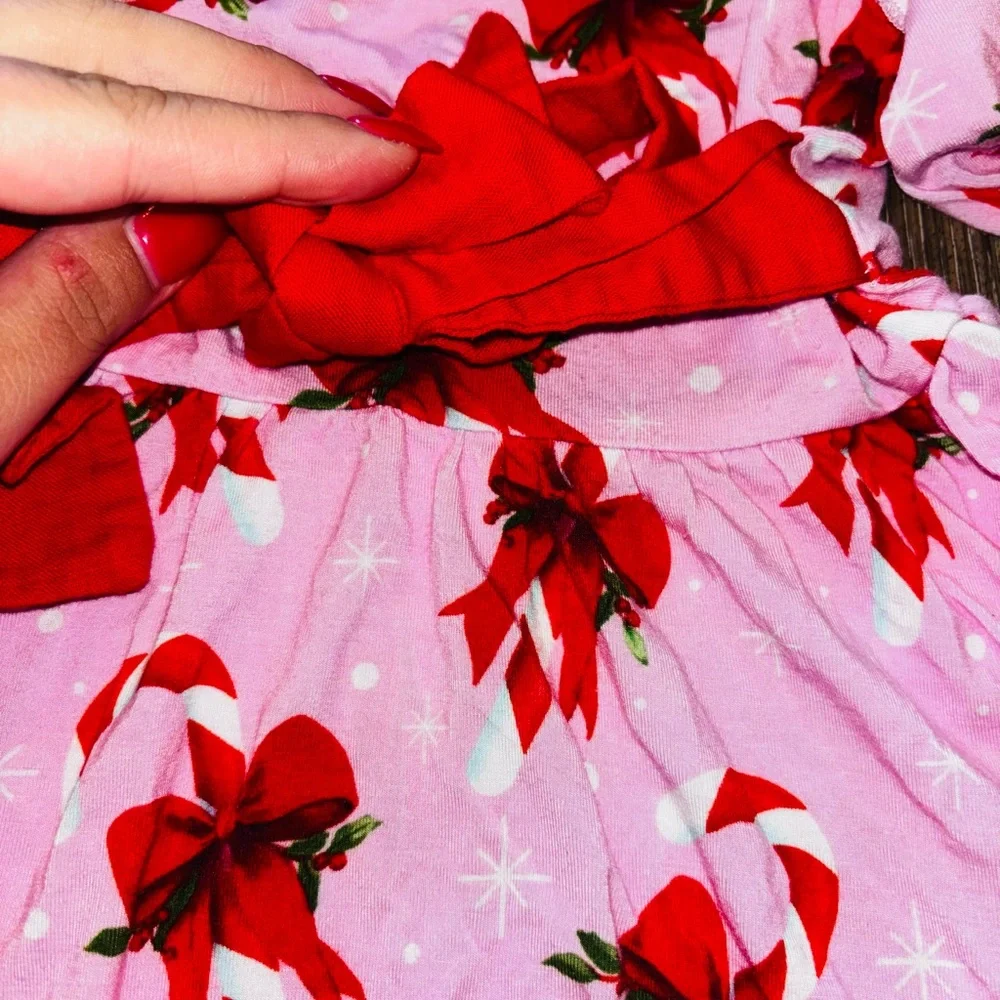 Bums & Roses Bamboo Pink Holiday Bow Print Twirl Dress